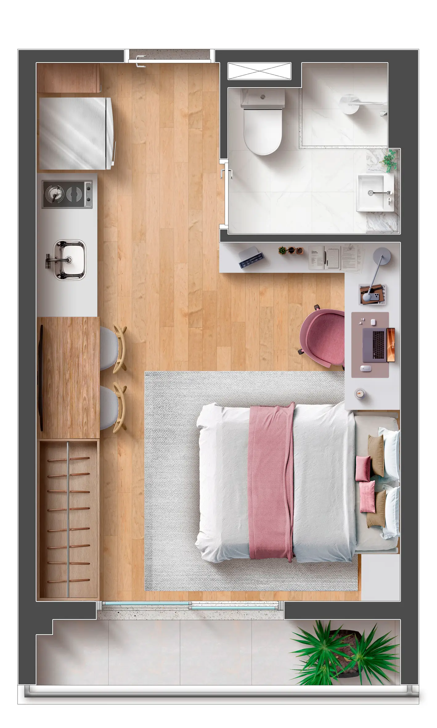 Planta Studio Residencial 25m² · opção 01 · VICI Faria Lima