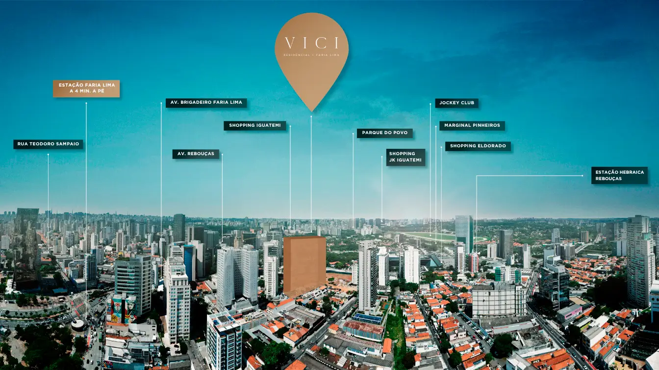 Vista aérea do VICI Faria Lima · localização privilegiada entre Pinheiros e Faria Lima